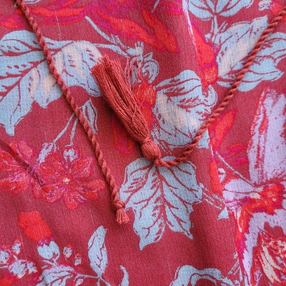 Lucky Brand Red Floral Peasant Top Fringe Tassels XS - Picture 6 of 15